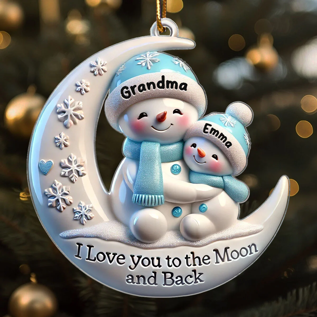 3D Effect Cute Snowmen Grandma & Hugging Grandkid On The Moon Personalized Acrylic Ornament, Christmas Gift For Granddaughter, Grandson - Image 3