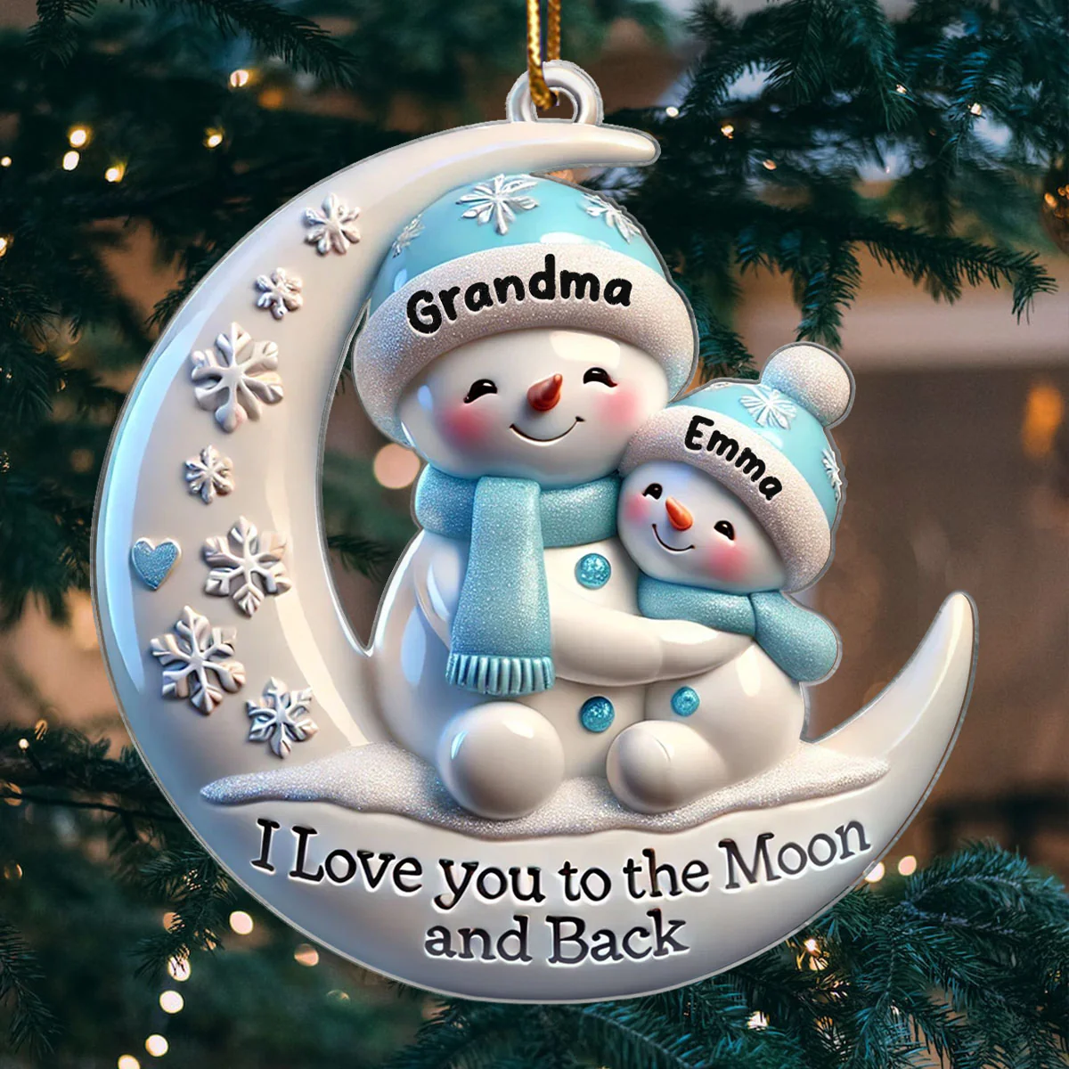 3D Effect Cute Snowmen Grandma & Hugging Grandkid On The Moon Personalized Acrylic Ornament, Christmas Gift For Granddaughter, Grandson - Image 4