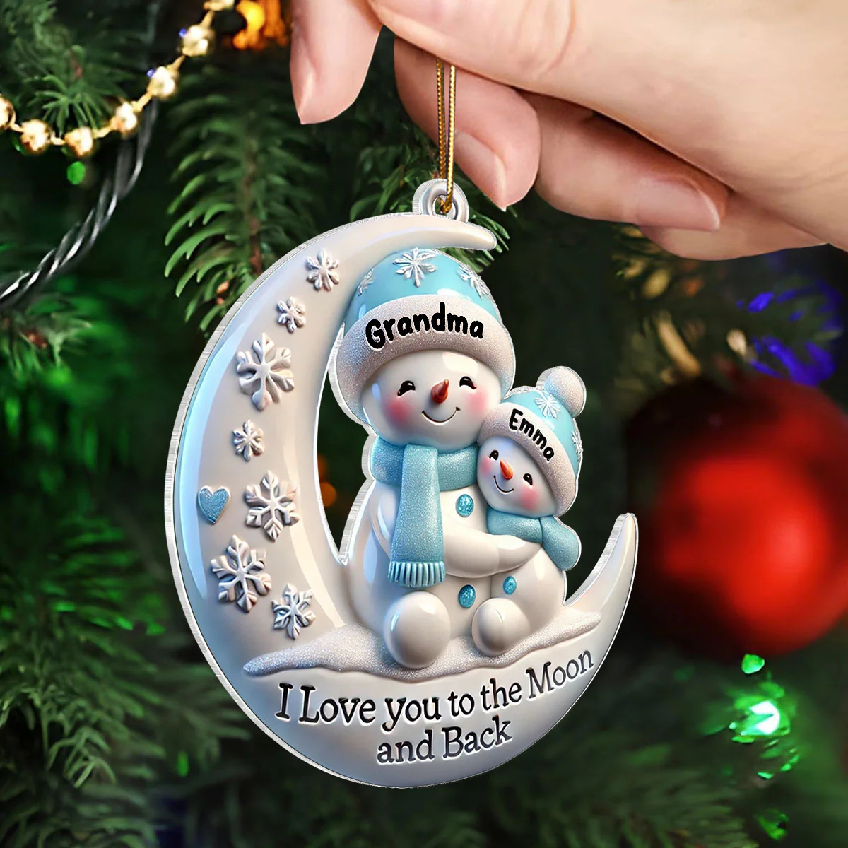 3D Effect Cute Snowmen Grandma & Hugging Grandkid On The Moon Personalized Acrylic Ornament, Christmas Gift For Granddaughter, Grandson - Image 5
