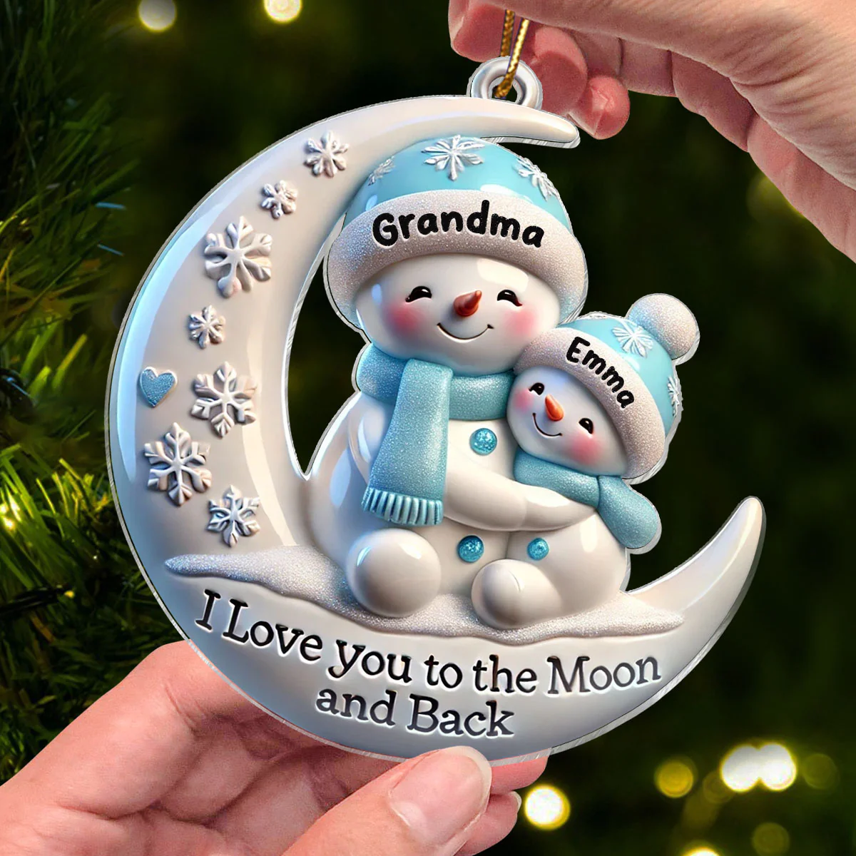 3D Effect Cute Snowmen Grandma & Hugging Grandkid On The Moon Personalized Acrylic Ornament, Christmas Gift For Granddaughter, Grandson - Image 6
