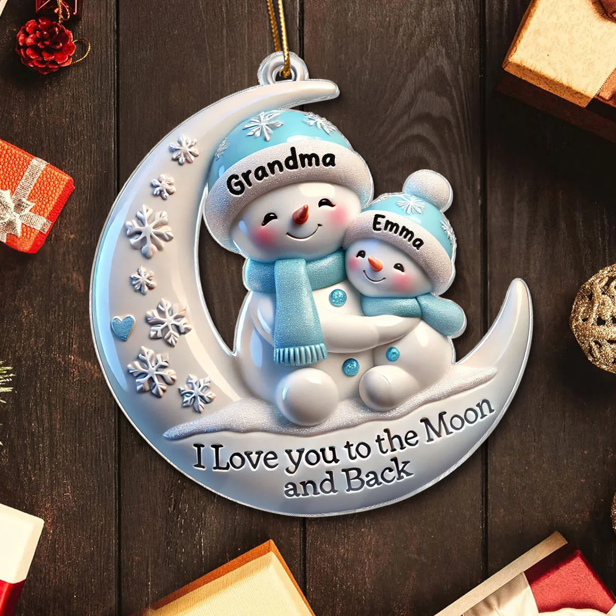 3D Effect Cute Snowmen Grandma & Hugging Grandkid On The Moon Personalized Acrylic Ornament, Christmas Gift For Granddaughter, Grandson - Image 7
