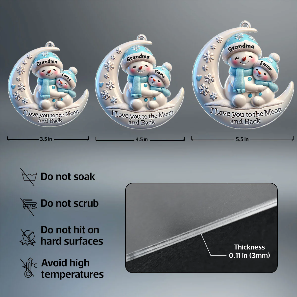 3D Effect Cute Snowmen Grandma & Hugging Grandkid On The Moon Personalized Acrylic Ornament, Christmas Gift For Granddaughter, Grandson - Image 8