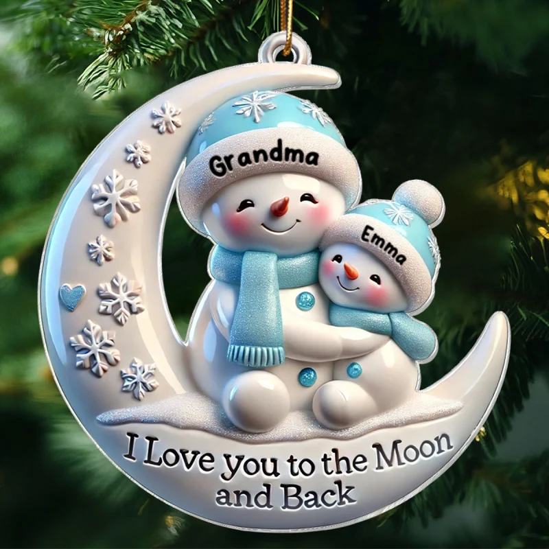3D Effect Cute Snowmen Grandma & Hugging Grandkid On The Moon Personalized Acrylic Ornament, Christmas Gift For Granddaughter, Grandson - Image 9