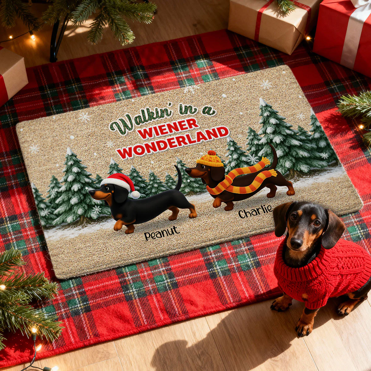 Dachshunds Walking In A Wiener Wonderland - Personalized Doormat - Unique Christmas Gift For Dachshunds Lovers - Image 2