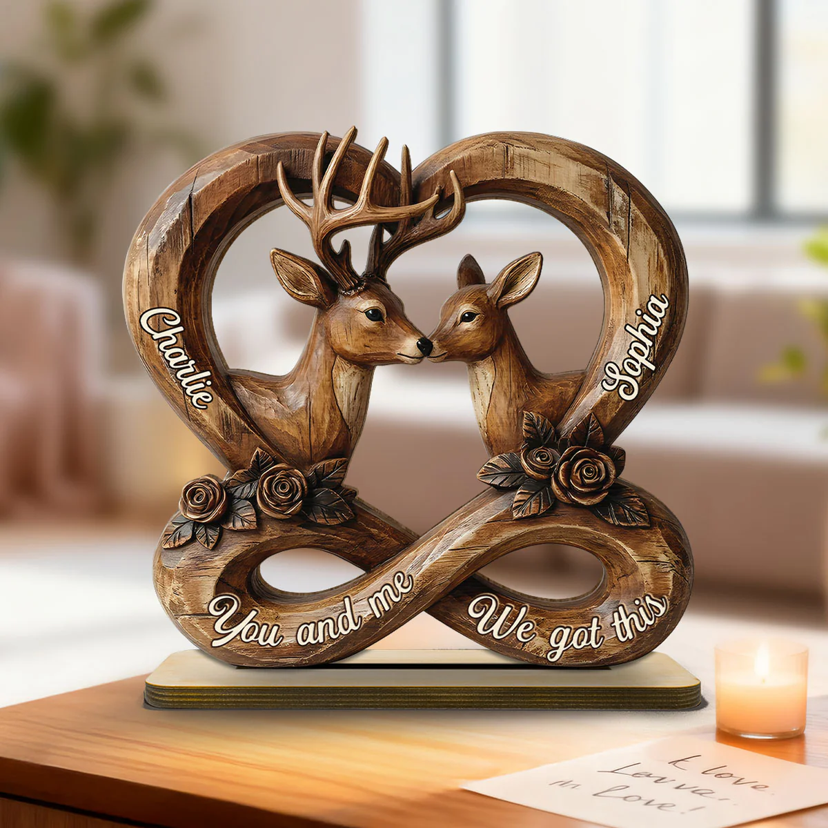 3D Effect Deer Couple Eternal Love - Personalized 2-Layer Wooden Plaque - Gift For Him, Gift For Her - Image 2