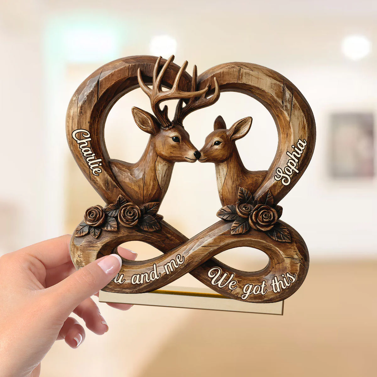 3D Effect Deer Couple Eternal Love - Personalized 2-Layer Wooden Plaque - Gift For Him, Gift For Her - Image 3