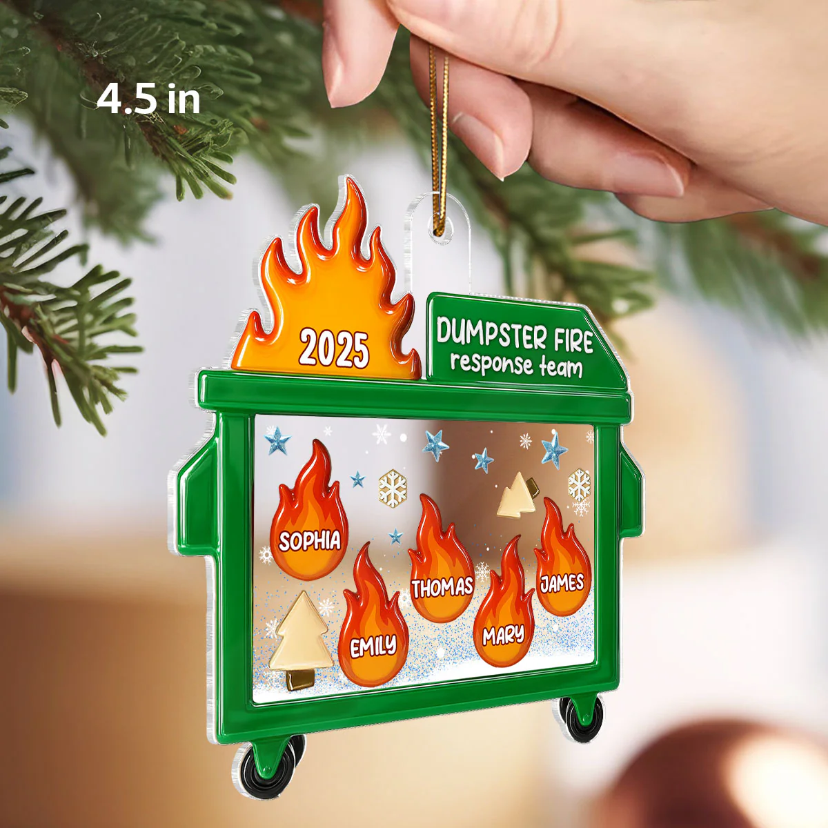 3D Effect Dumpster Fire Response Team With Names - Personalized Acrylic Ornament - Funny Gift For Coworkers, Work Besties - Image 2