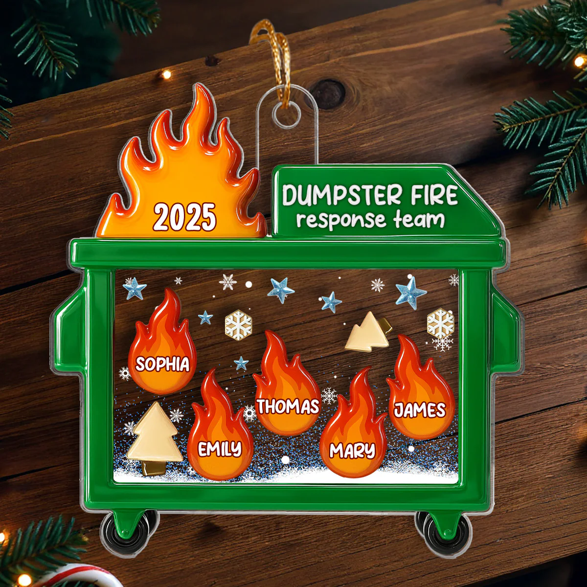 3D Effect Dumpster Fire Response Team With Names - Personalized Acrylic Ornament - Funny Gift For Coworkers, Work Besties - Image 3