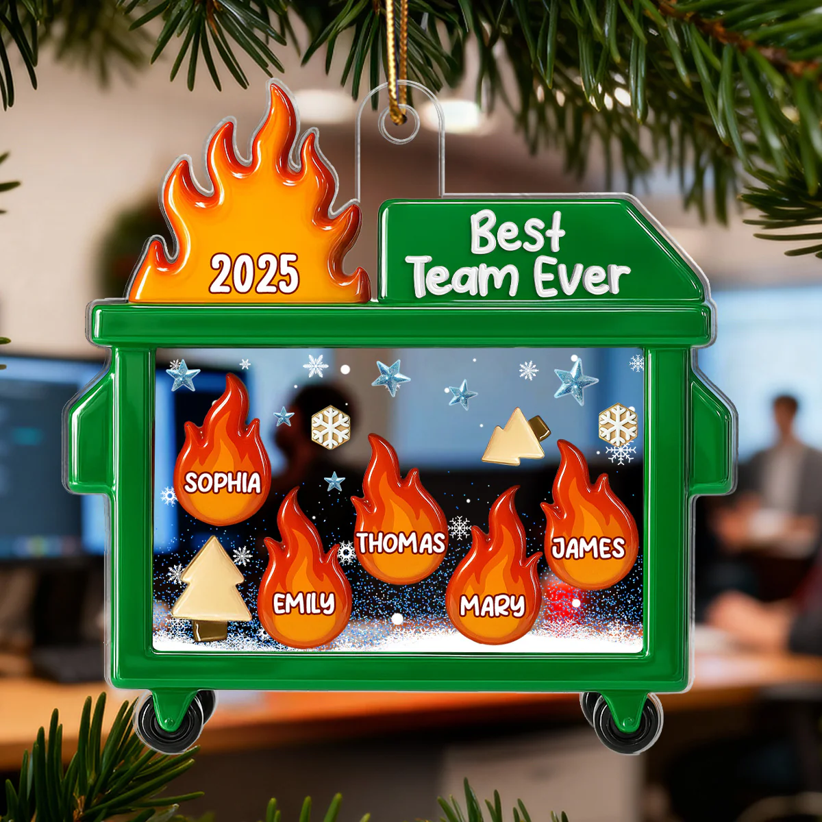 3D Effect Dumpster Fire Response Team With Names - Personalized Acrylic Ornament - Funny Gift For Coworkers, Work Besties - Image 4