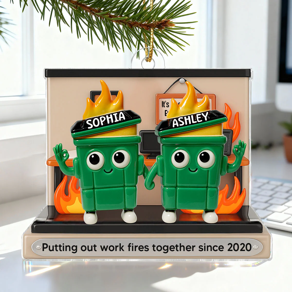 3D Effect Dumpster Fires In Office Scene - Personalized Acrylic Ornament - Funny Gift For Colleagues, Work Besties - Image 10