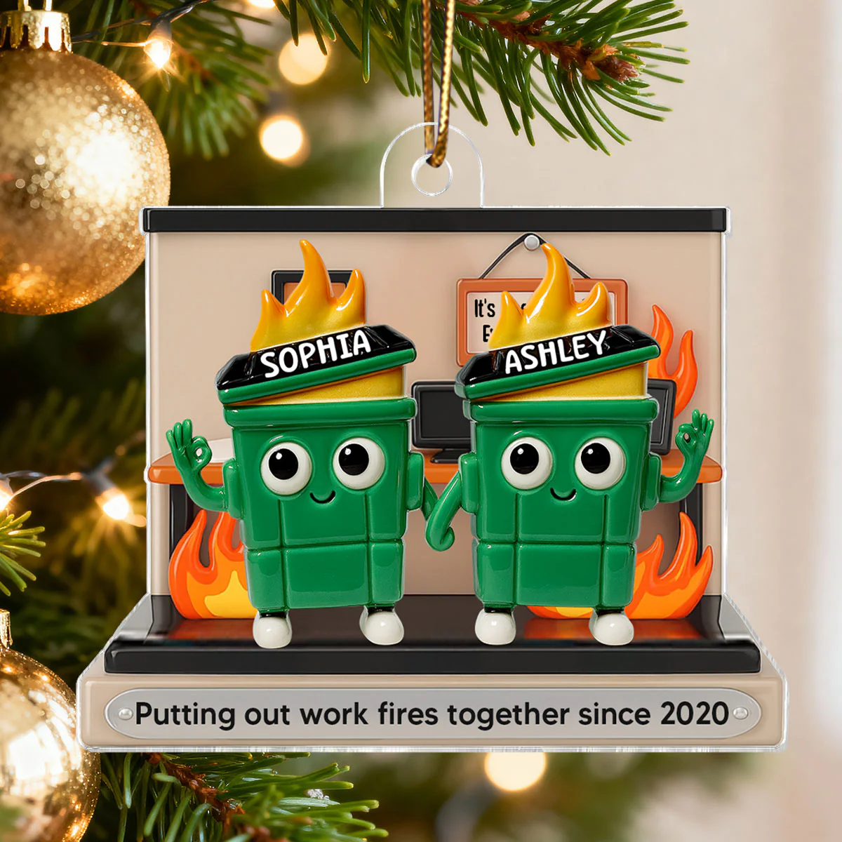3D Effect Dumpster Fires In Office Scene - Personalized Acrylic Ornament - Funny Gift For Colleagues, Work Besties - Image 11