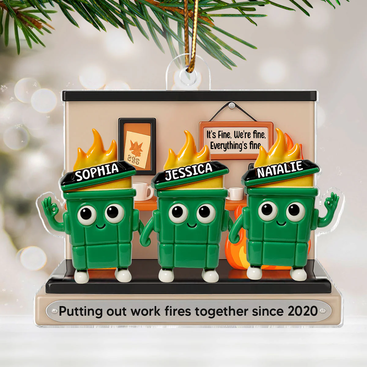 3D Effect Dumpster Fires In Office Scene - Personalized Acrylic Ornament - Funny Gift For Colleagues, Work Besties - Image 3