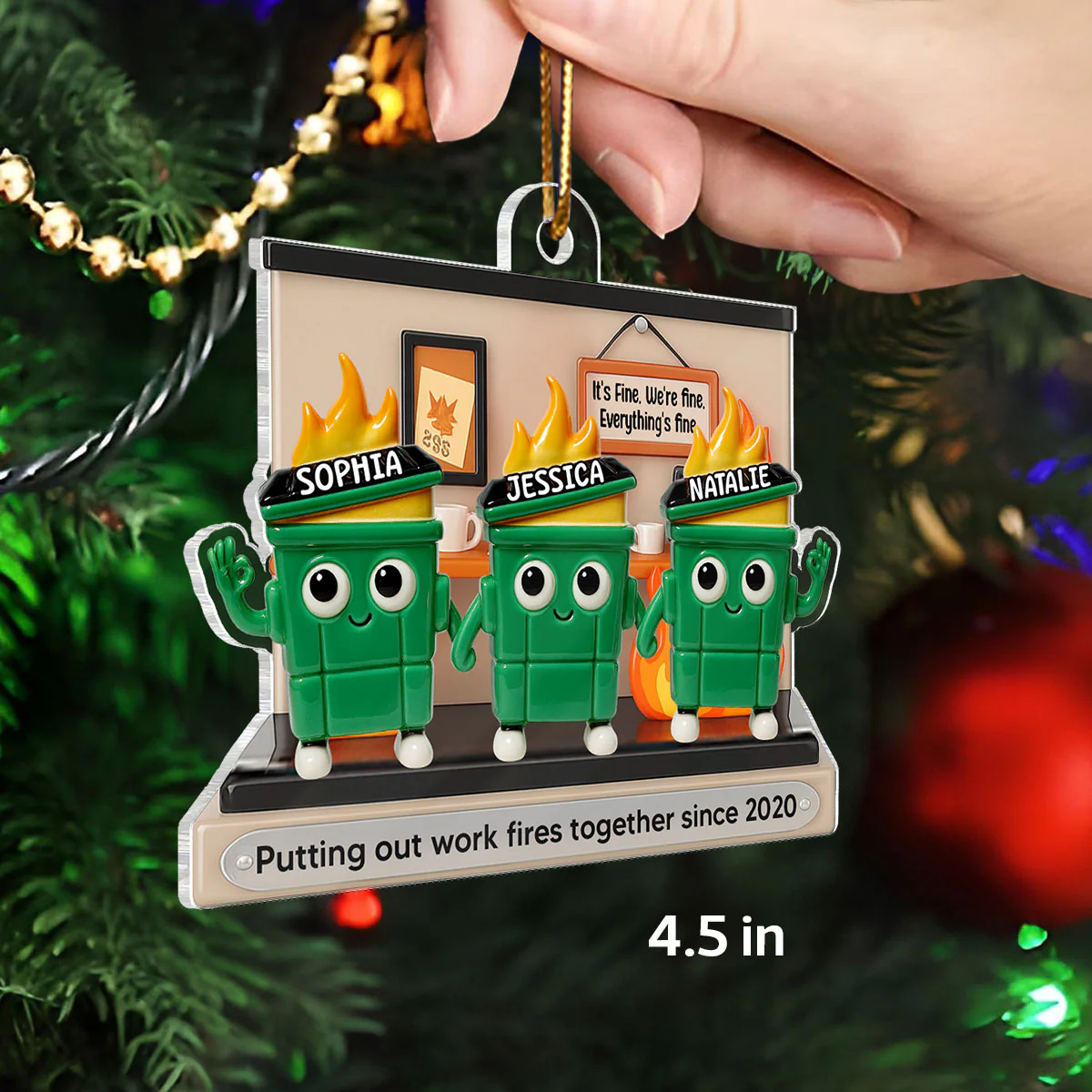 3D Effect Dumpster Fires In Office Scene - Personalized Acrylic Ornament - Funny Gift For Colleagues, Work Besties - Image 4
