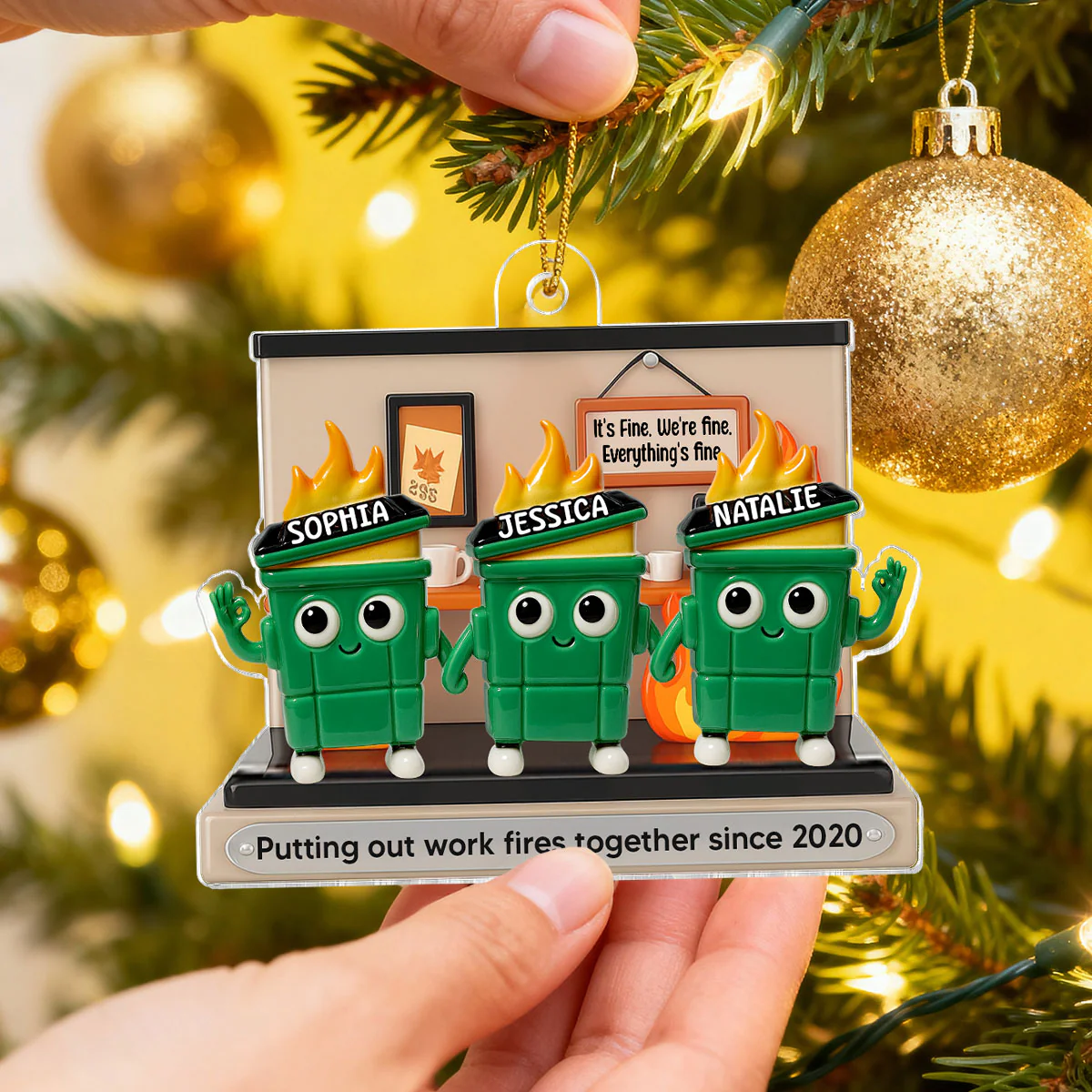 3D Effect Dumpster Fires In Office Scene - Personalized Acrylic Ornament - Funny Gift For Colleagues, Work Besties - Image 5