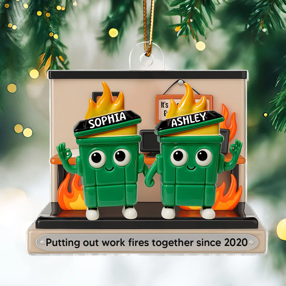 3D Effect Dumpster Fires In Office Scene - Personalized Acrylic Ornament - Funny Gift For Colleagues, Work Besties - Image 6