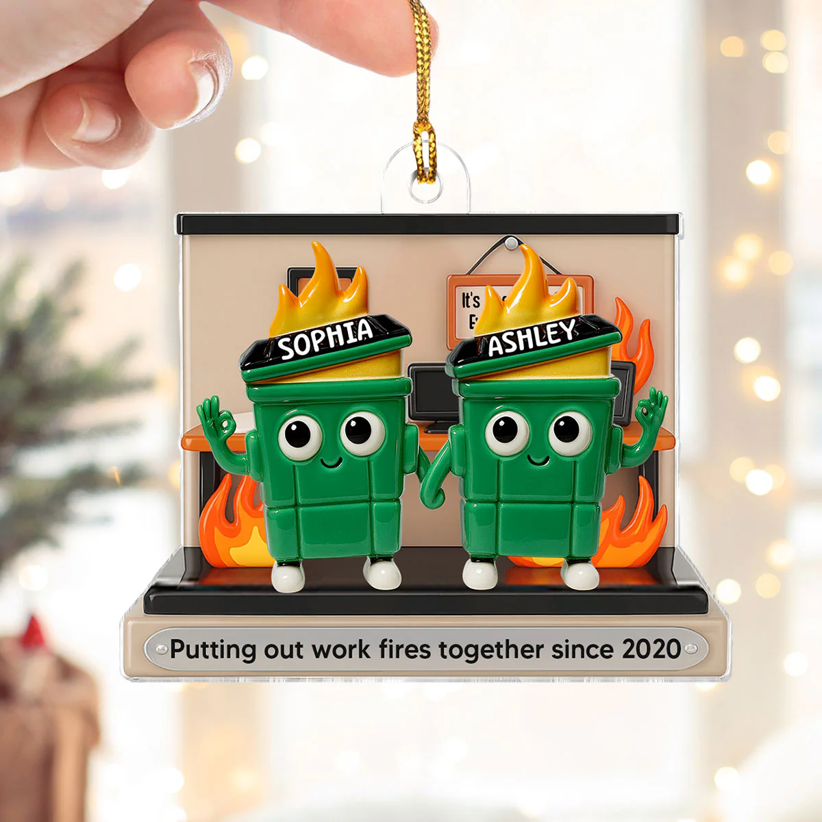3D Effect Dumpster Fires In Office Scene - Personalized Acrylic Ornament - Funny Gift For Colleagues, Work Besties - Image 7