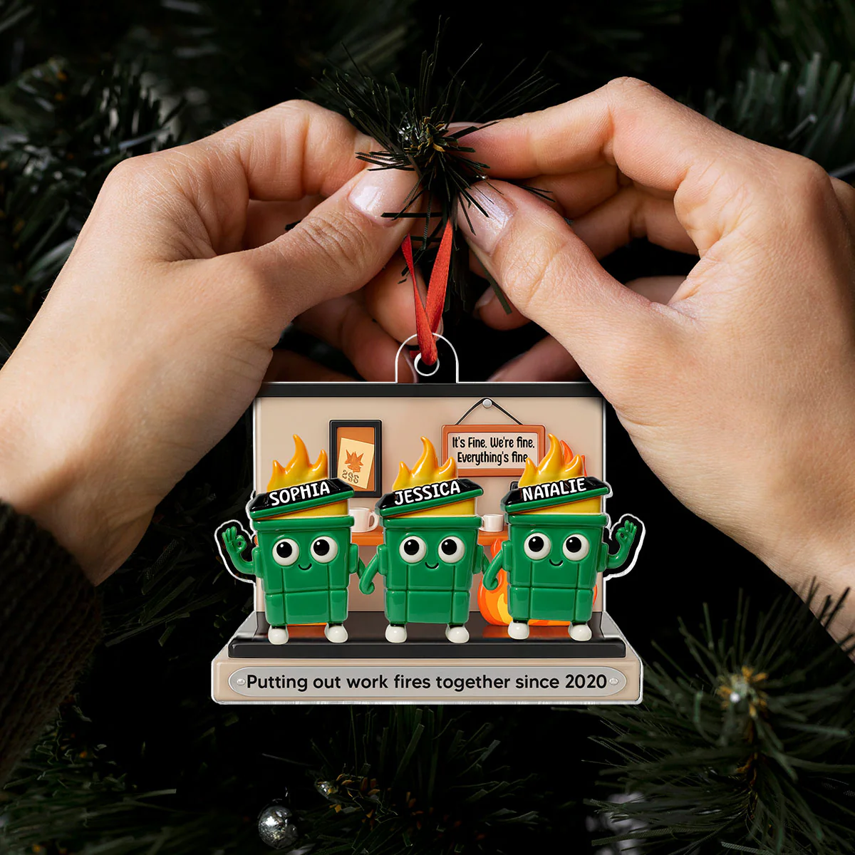 3D Effect Dumpster Fires In Office Scene - Personalized Acrylic Ornament - Funny Gift For Colleagues, Work Besties - Image 8