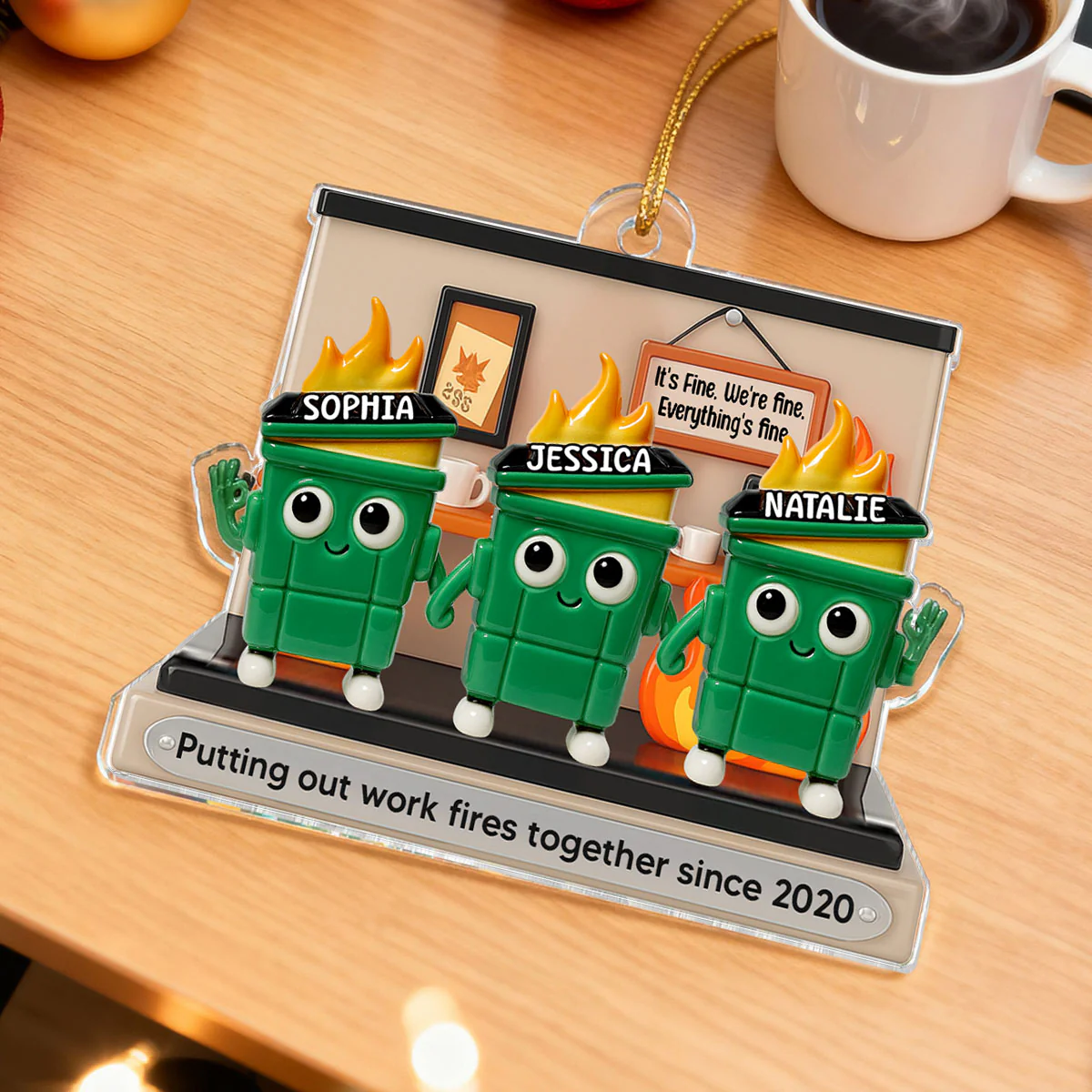 3D Effect Dumpster Fires In Office Scene - Personalized Acrylic Ornament - Funny Gift For Colleagues, Work Besties - Image 9