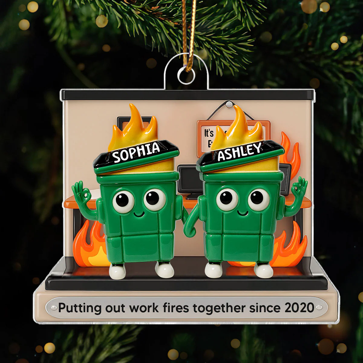 [BUY 1 GET 1 FREE] 3D Effect Dumpster Fires In Office Scene - Personalized Acrylic Ornament - Funny Gift For Colleagues, Work Besties - Image 6