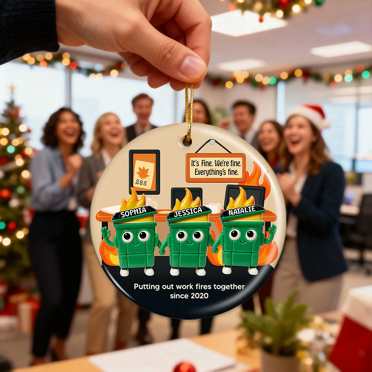 3D Effect Dumpster Fires In Office Scene - Personalized Ceramic Ornament - Funny Gift For Colleagues, Work Besties - Image 10