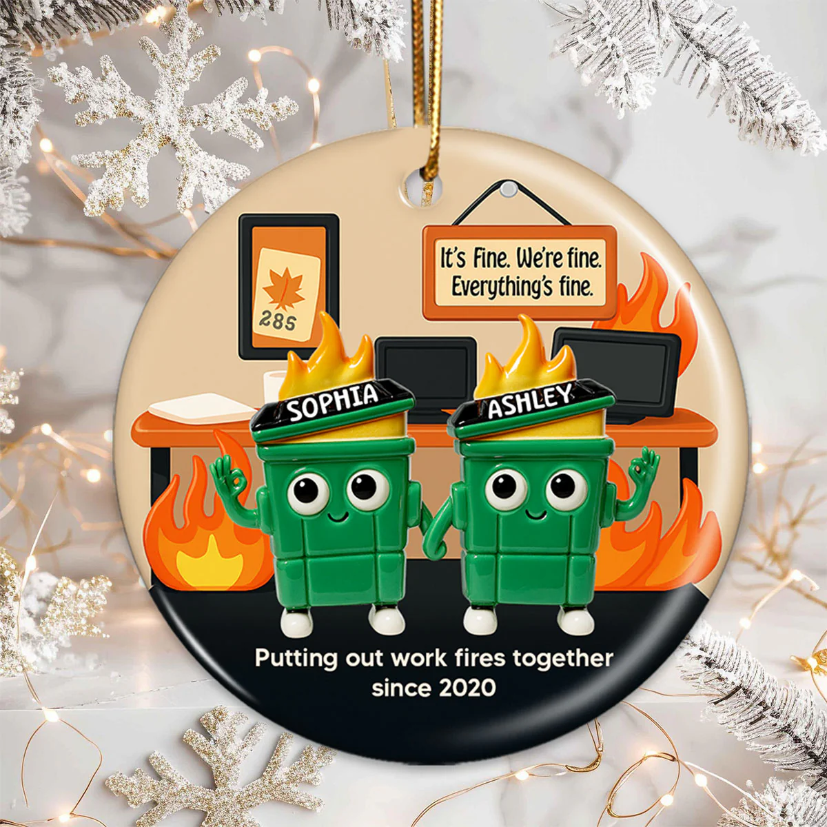 3D Effect Dumpster Fires In Office Scene - Personalized Ceramic Ornament - Funny Gift For Colleagues, Work Besties - Image 11