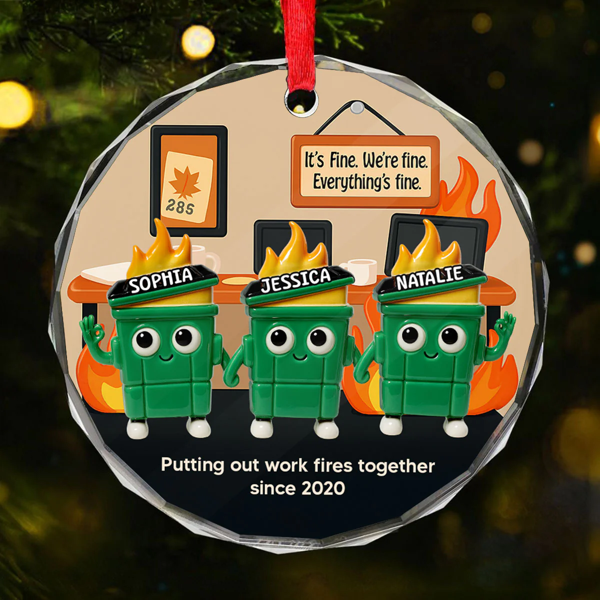 3D Effect Dumpster Fires In Office Scene - Personalized Glass Ornament - Funny Gift For Colleagues, Work Besties - Image 10