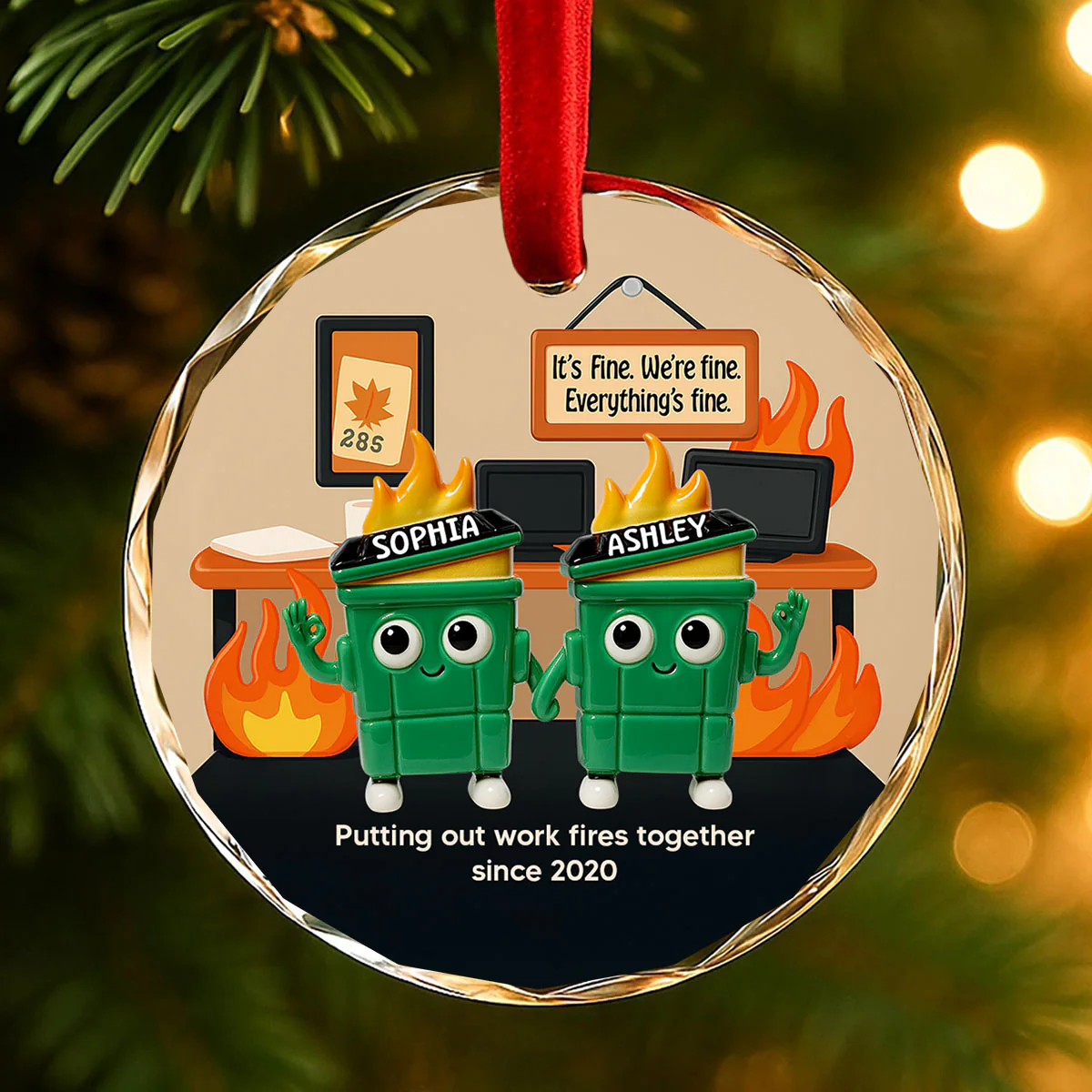 3D Effect Dumpster Fires In Office Scene - Personalized Glass Ornament - Funny Gift For Colleagues, Work Besties - Image 11