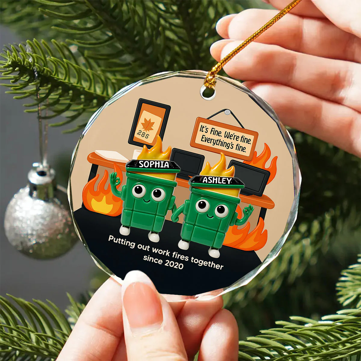 3D Effect Dumpster Fires In Office Scene - Personalized Glass Ornament - Funny Gift For Colleagues, Work Besties - Image 12
