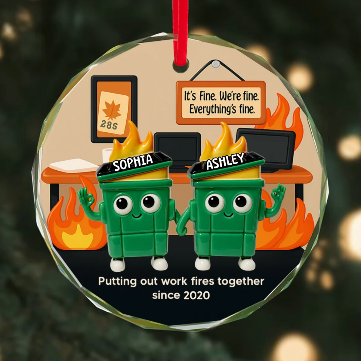 3D Effect Dumpster Fires In Office Scene - Personalized Glass Ornament - Funny Gift For Colleagues, Work Besties - Image 13