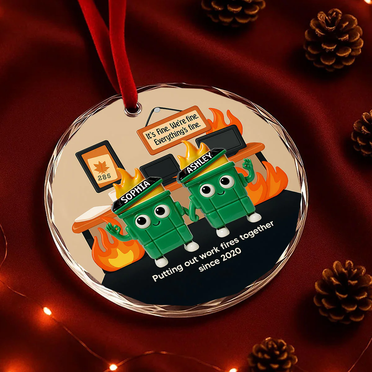 3D Effect Dumpster Fires In Office Scene - Personalized Glass Ornament - Funny Gift For Colleagues, Work Besties - Image 5