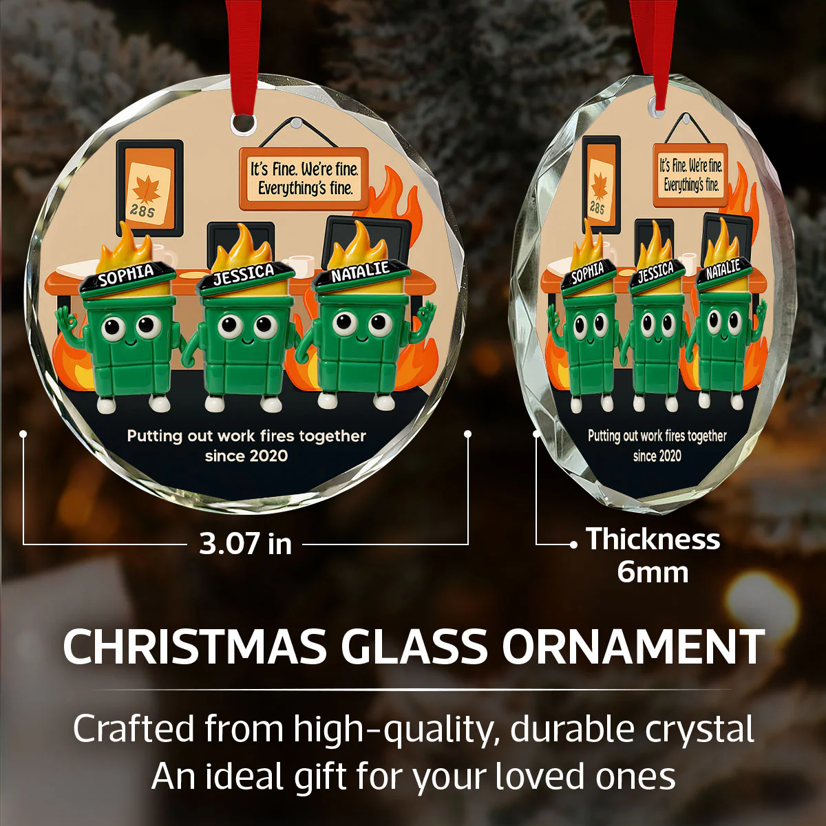 3D Effect Dumpster Fires In Office Scene - Personalized Glass Ornament - Funny Gift For Colleagues, Work Besties - Image 6