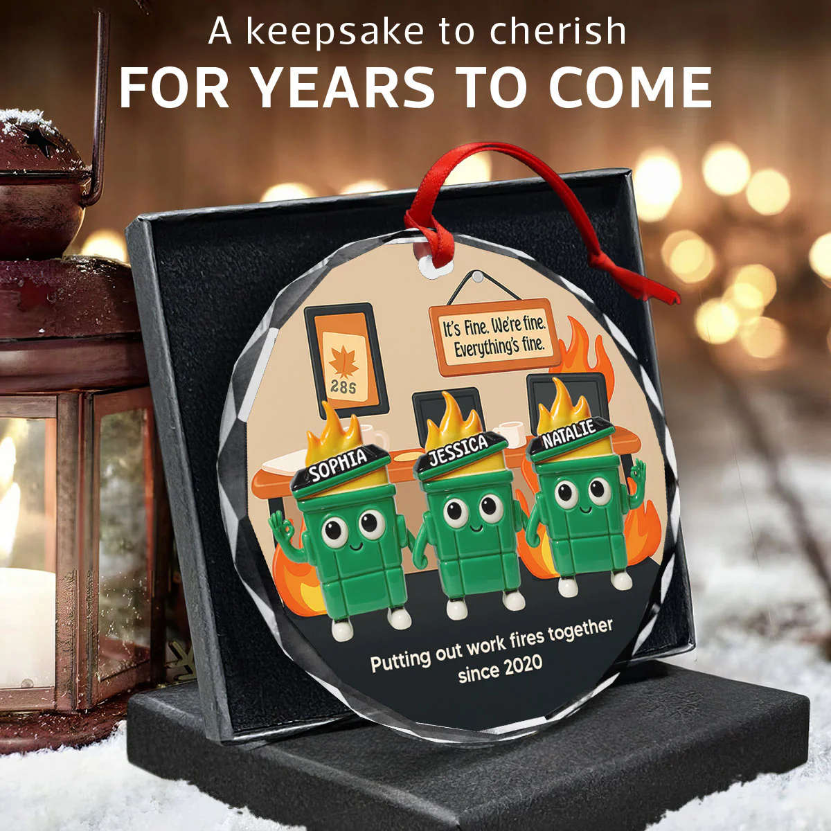 3D Effect Dumpster Fires In Office Scene - Personalized Glass Ornament - Funny Gift For Colleagues, Work Besties - Image 8