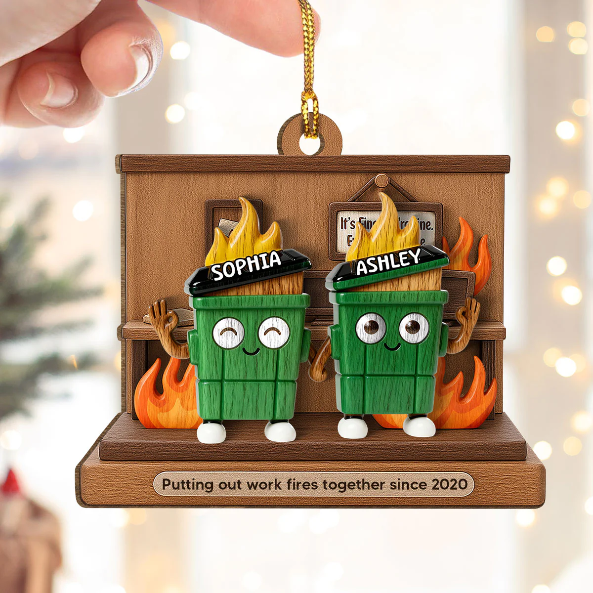 3D Effect Dumpster Fires In Office Scene - Personalized Wooden Ornament - Funny Gift For Colleagues, Work Besties - Image 2