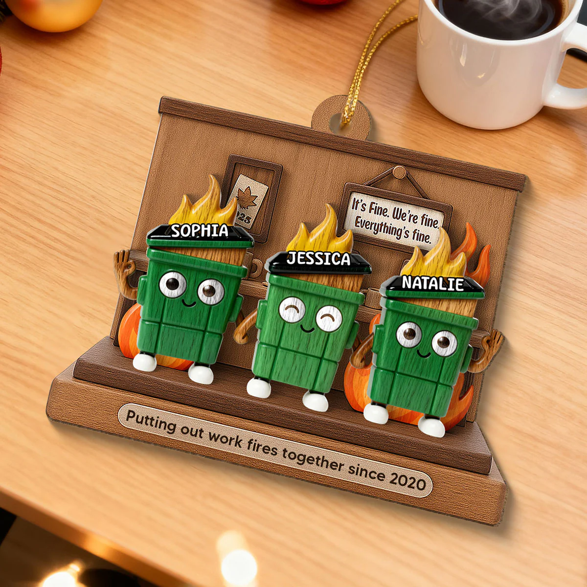 3D Effect Dumpster Fires In Office Scene - Personalized Wooden Ornament - Funny Gift For Colleagues, Work Besties - Image 4