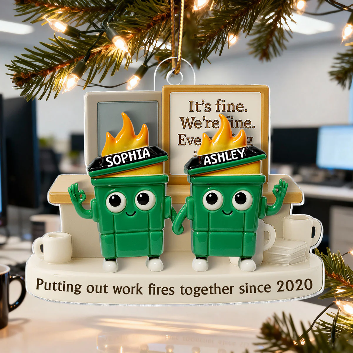 3D Effect Dumpster Fires Putting Out Work Fires Together - Personalized Acrylic Ornament - Funny Gift For Colleagues, Work Besties - Image 10