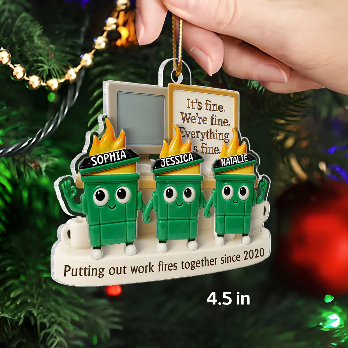 3D Effect Dumpster Fires Putting Out Work Fires Together - Personalized Acrylic Ornament - Funny Gift For Colleagues, Work Besties - Image 3