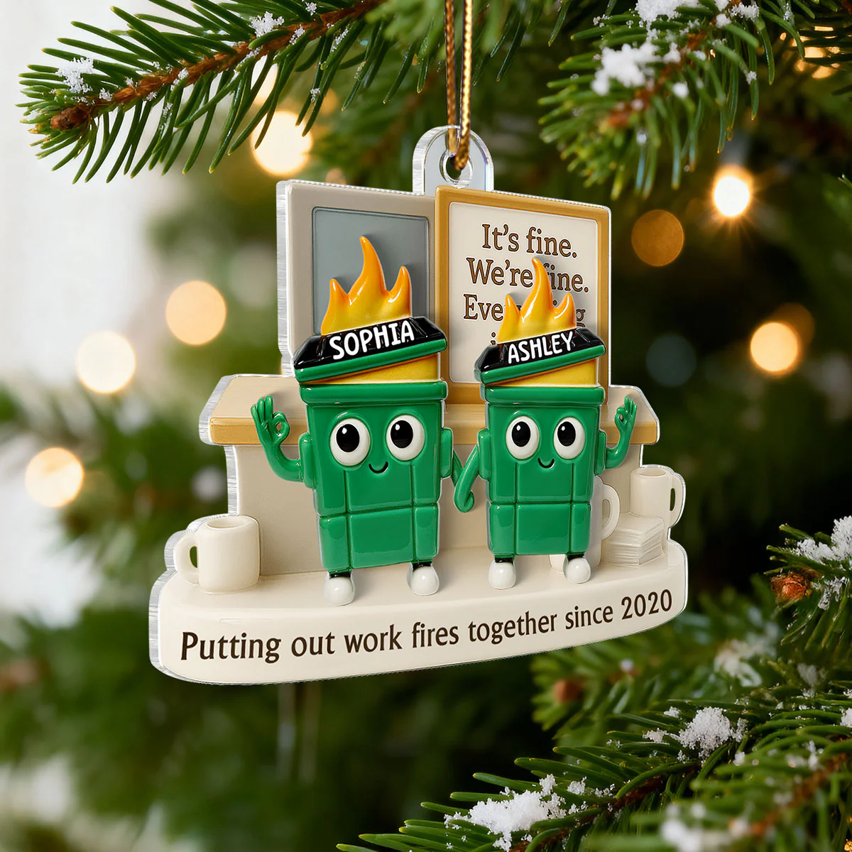 3D Effect Dumpster Fires Putting Out Work Fires Together - Personalized Acrylic Ornament - Funny Gift For Colleagues, Work Besties - Image 5
