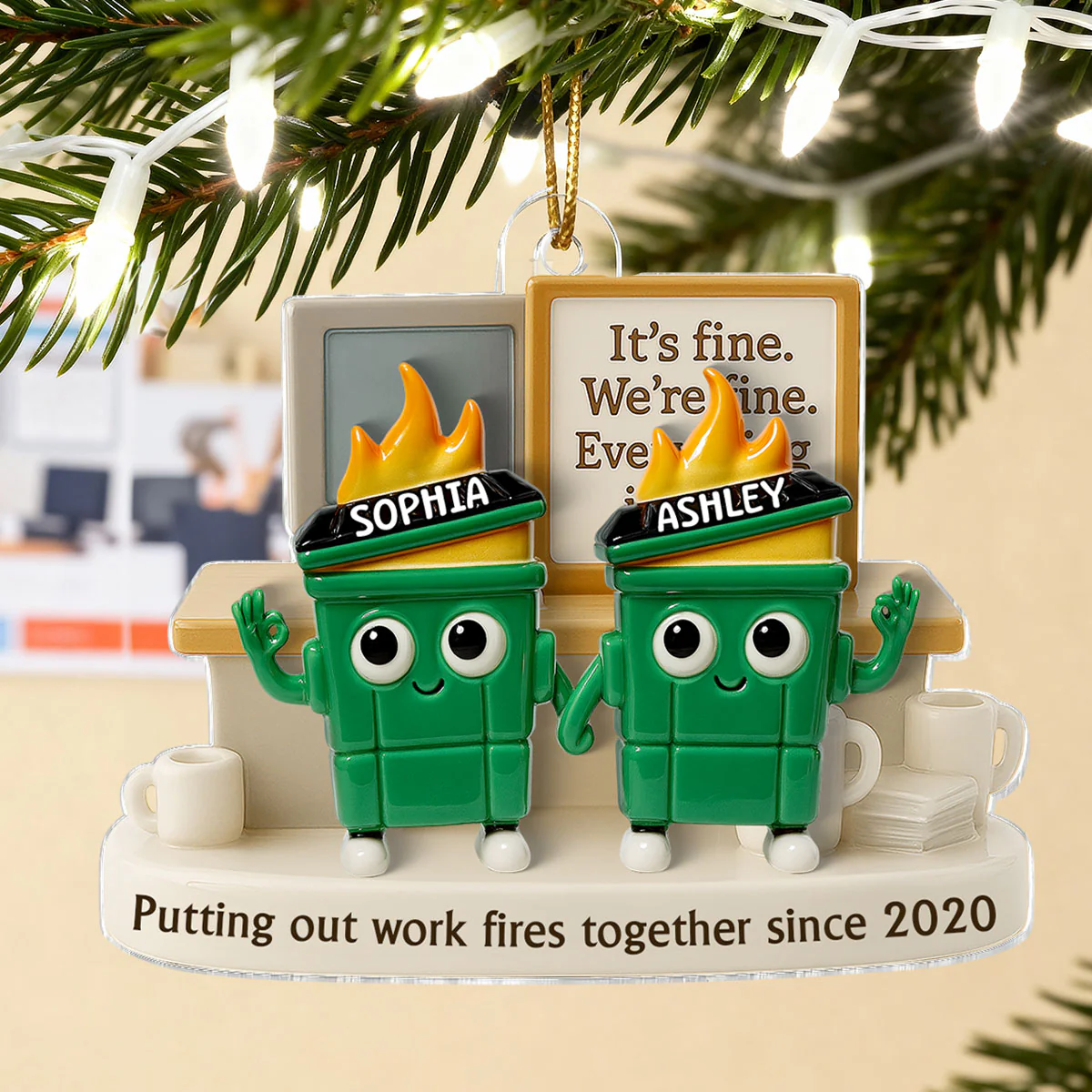 3D Effect Dumpster Fires Putting Out Work Fires Together - Personalized Acrylic Ornament - Funny Gift For Colleagues, Work Besties - Image 6