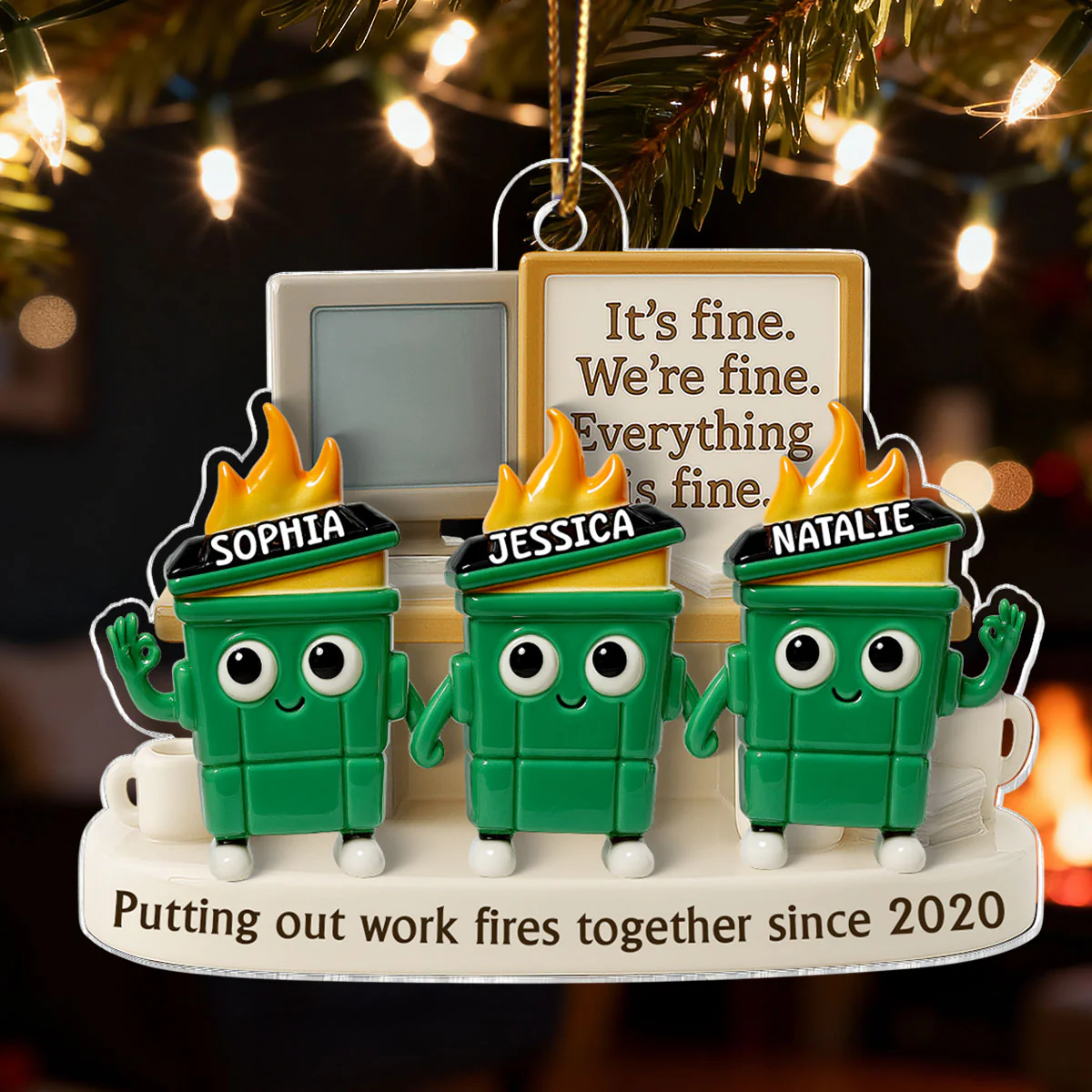 3D Effect Dumpster Fires Putting Out Work Fires Together - Personalized Acrylic Ornament - Funny Gift For Colleagues, Work Besties - Image 7