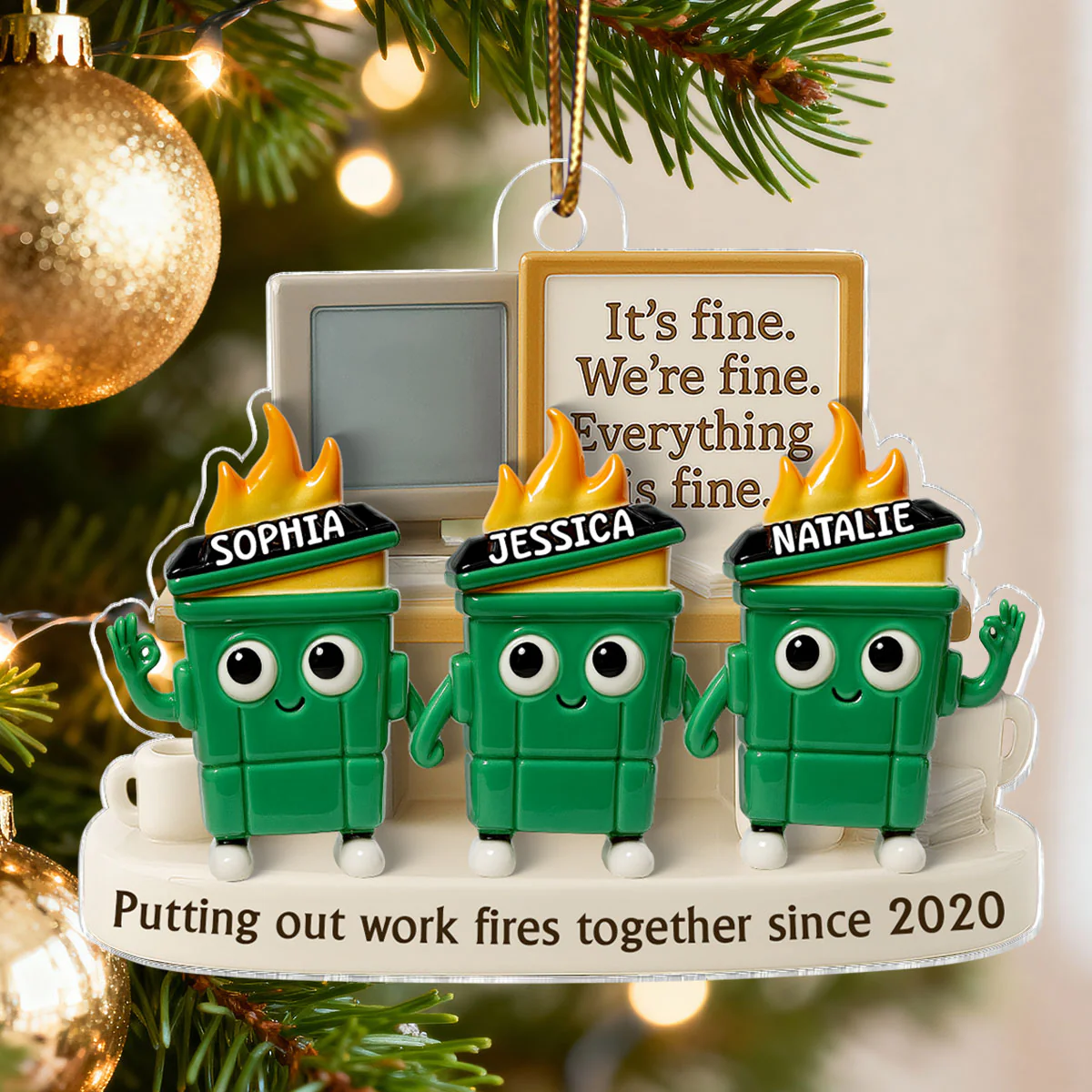 3D Effect Dumpster Fires Putting Out Work Fires Together - Personalized Acrylic Ornament - Funny Gift For Colleagues, Work Besties - Image 8