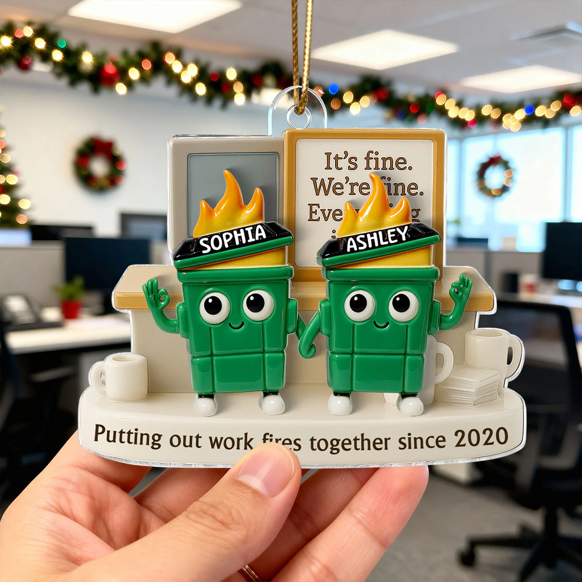 3D Effect Dumpster Fires Putting Out Work Fires Together - Personalized Acrylic Ornament - Funny Gift For Colleagues, Work Besties - Image 9