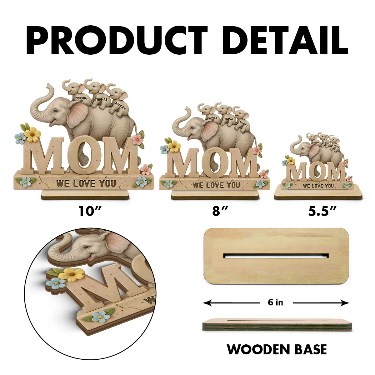 3D Effect Elephant MOM Personalized Standing Wooden Plaque, Gift For Mom - Image 6