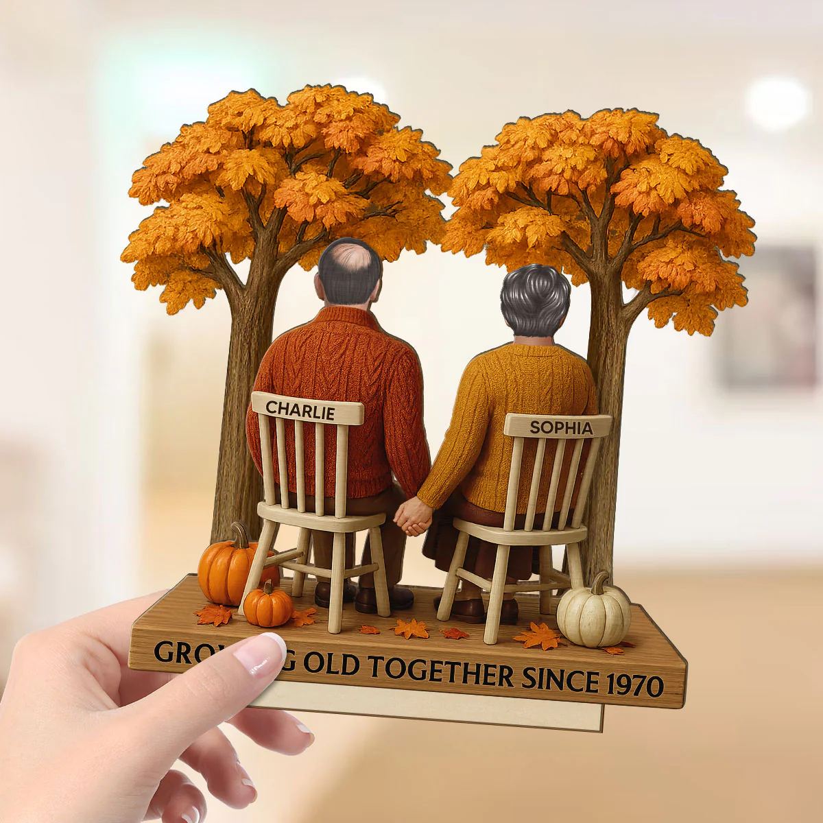 3D Effect Fall Season Back View Couple Growing Old Together Personalized 2-Layer Standing Wooden Plaque - Image 3