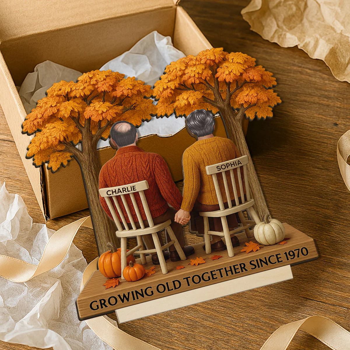 3D Effect Fall Season Back View Couple Growing Old Together Personalized 2-Layer Standing Wooden Plaque - Image 4