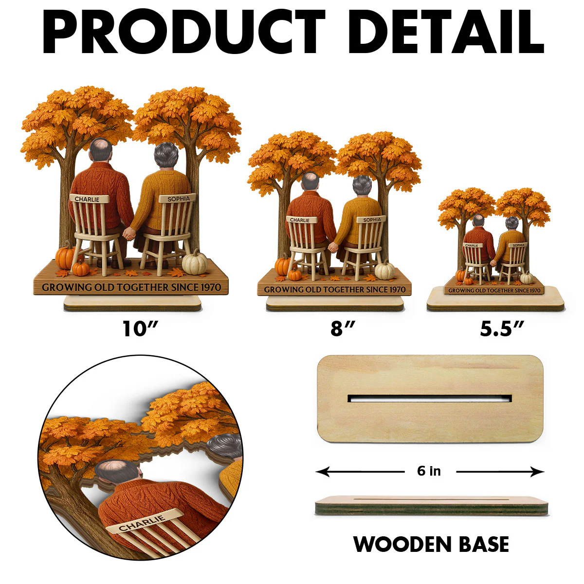 3D Effect Fall Season Back View Couple Growing Old Together Personalized 2-Layer Standing Wooden Plaque - Image 5