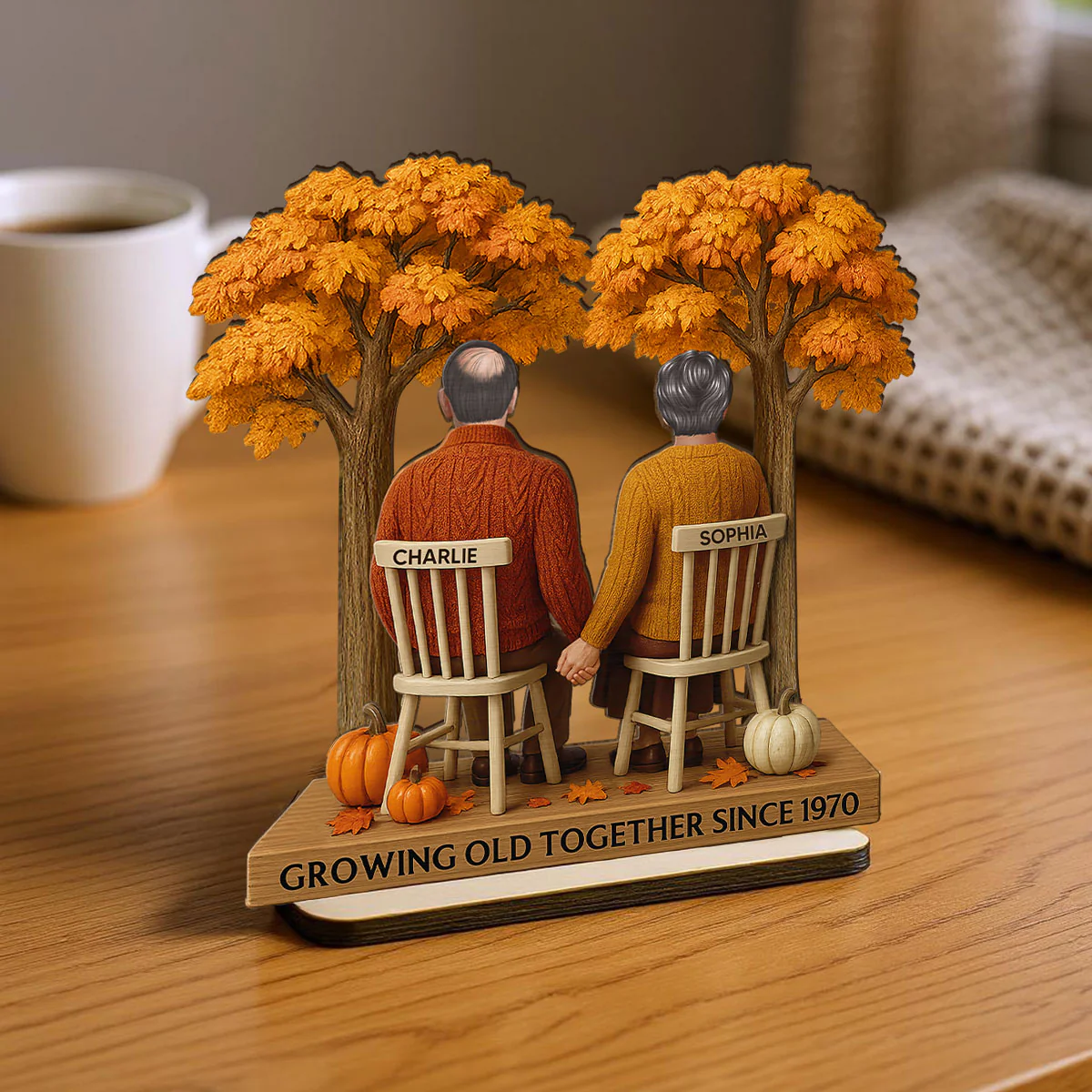 3D Effect Fall Season Back View Couple Growing Old Together Personalized 2-Layer Standing Wooden Plaque - Image 7