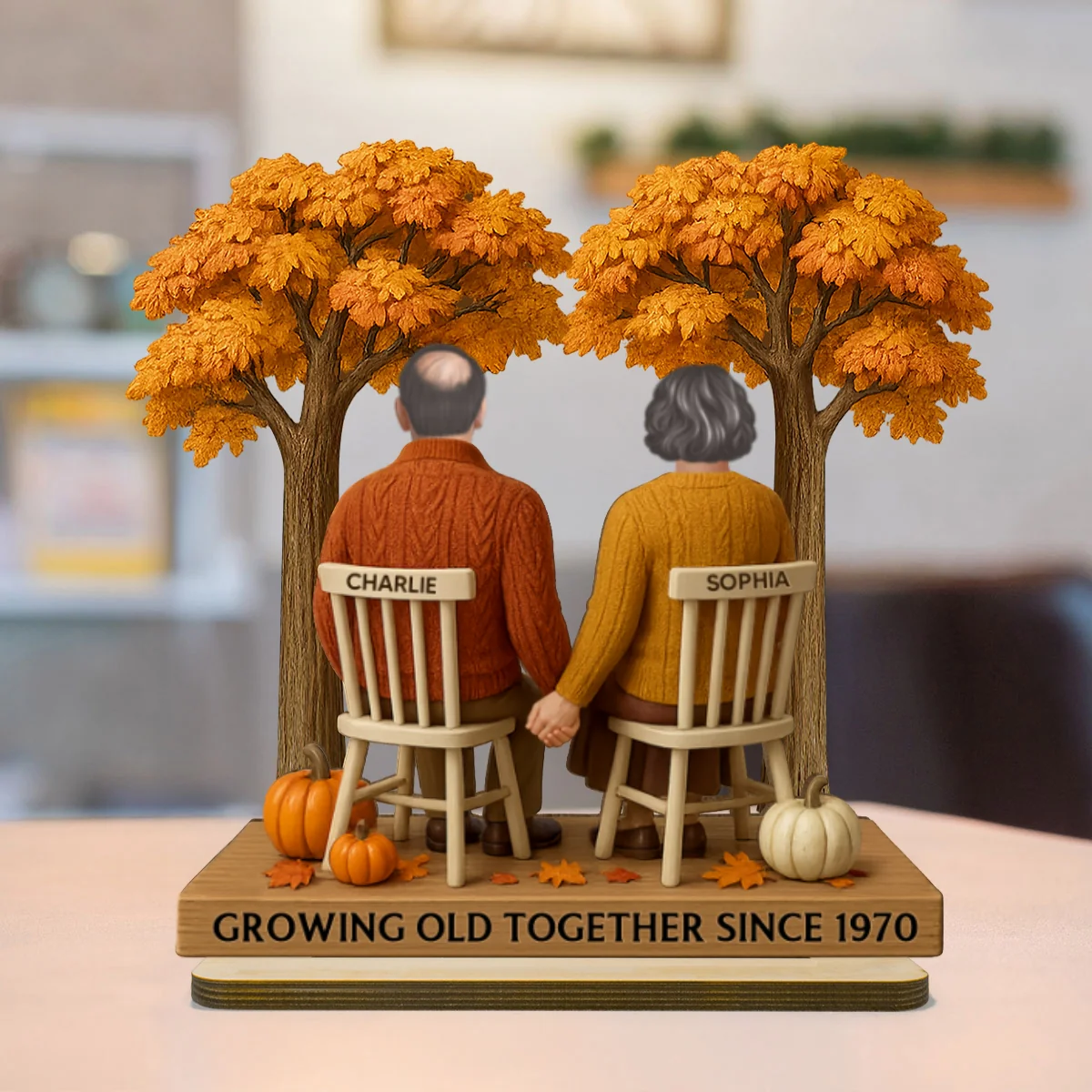 3D Effect Fall Season Back View Couple Growing Old Together Personalized 2-Layer Standing Wooden Plaque - Image 9