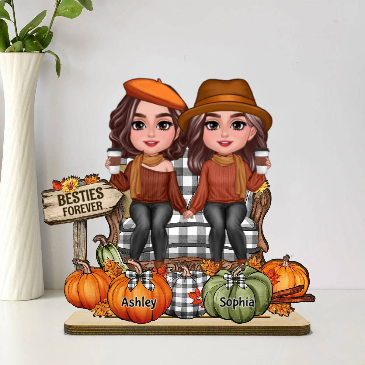 Fall Season Besties Sitting Pumpkins Personalized 2-Layer Standing Wooden Plaque| Fall Season Gift For Best Friends - Image 10