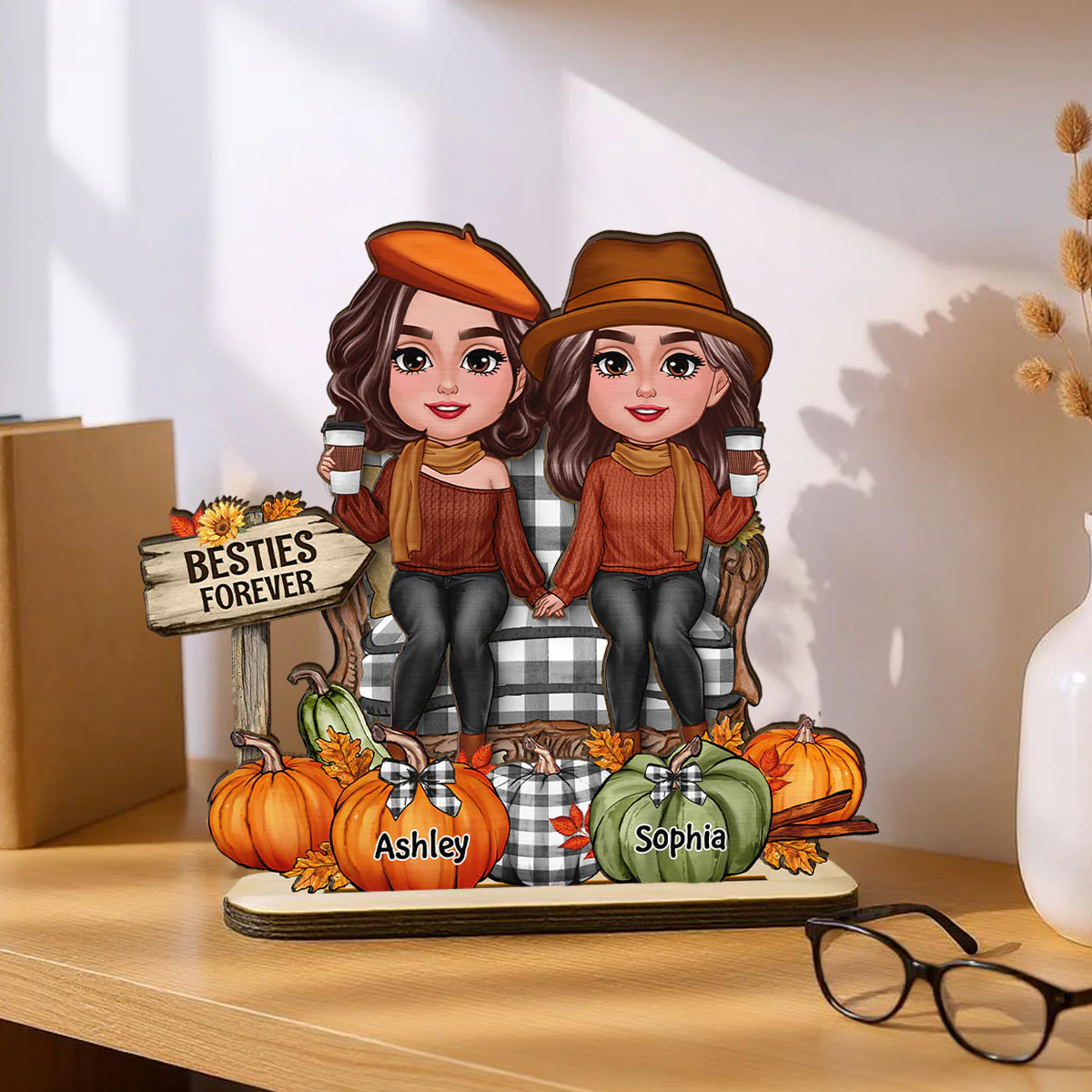 Fall Season Besties Sitting Pumpkins Personalized 2-Layer Standing Wooden Plaque| Fall Season Gift For Best Friends - Image 3