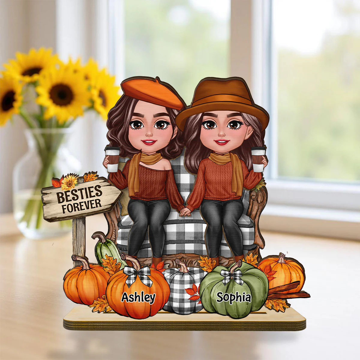 Fall Season Besties Sitting Pumpkins Personalized 2-Layer Standing Wooden Plaque| Fall Season Gift For Best Friends - Image 4